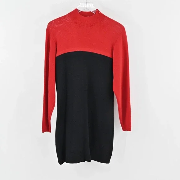 Vtg 80s ST JOHN Dress Size 8 Santana Knit Colorblock Red Black Mock Neck Shift - Picture 2 of 15